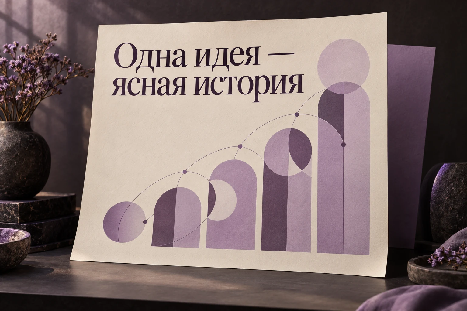 Сиреневая редакционная инфографика с русским заголовком и декоративной диаграммой