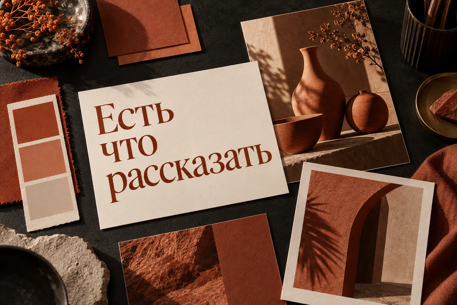 Коралловая редакционная композиция с бумажными карточками «Есть что рассказать»