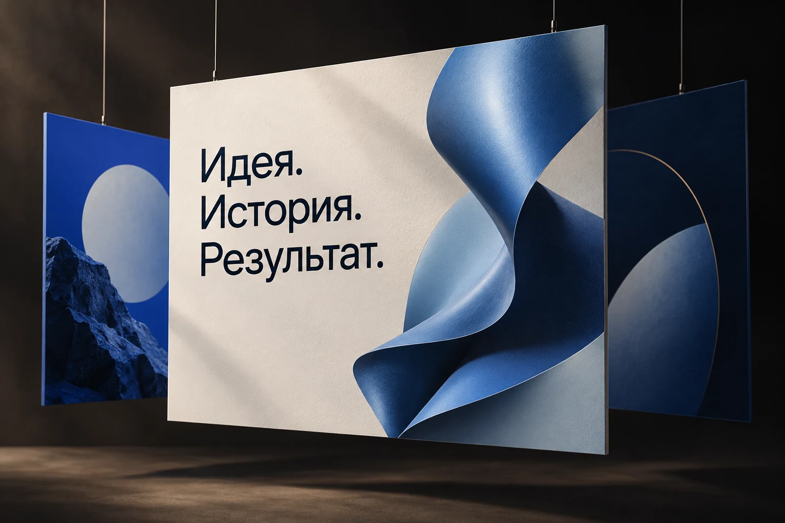 Синие презентационные макеты с русской надписью «Идея. История. Результат.»